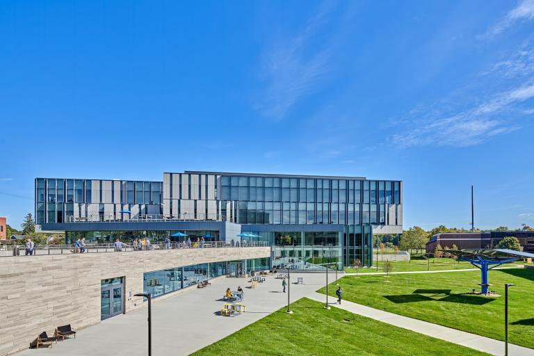 Exterior view of the Learning Commons showing the Koegel Plaza.